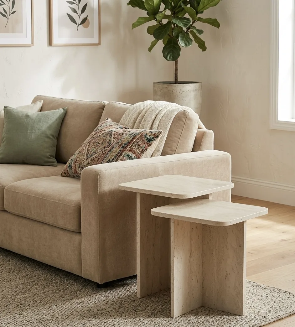 The Petra Architectural Travertine Nesting Side Tables (2-Piece Set)