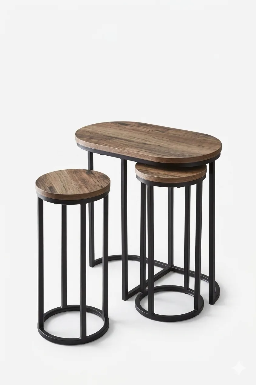 Industrial Nesting Side Table Set with Integrated Pillars (Set of 3)