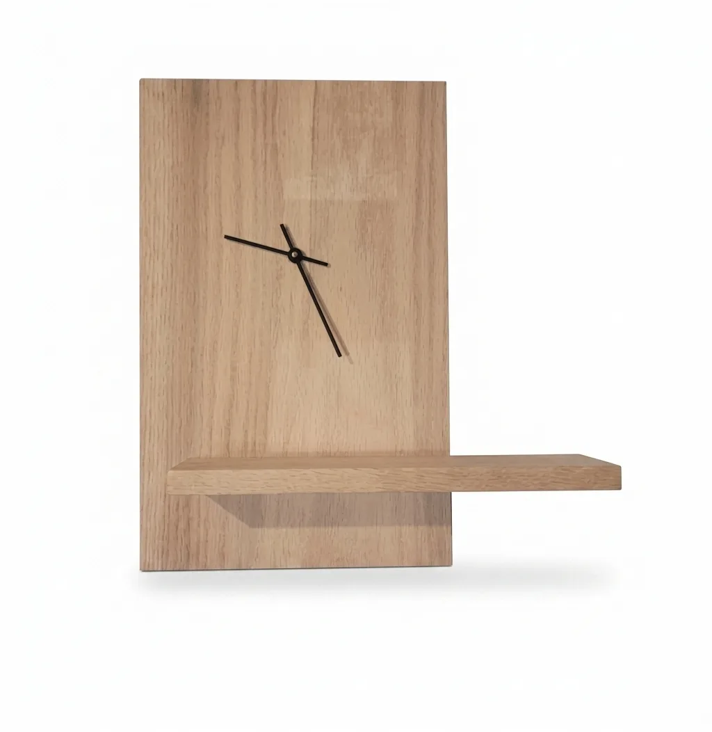 Minimalist Rectangular Wooden Wall Clock with Integrated Floating Shelf