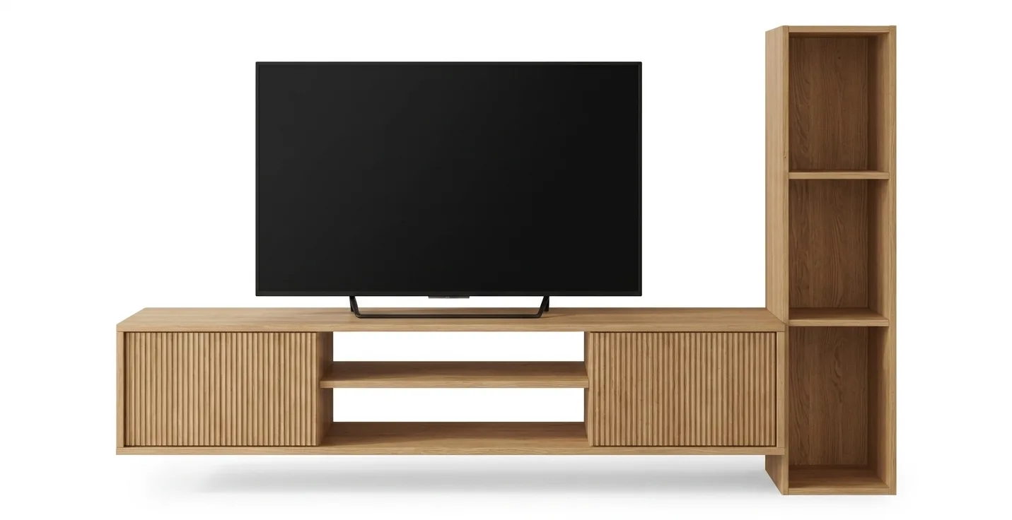 Modern Wall-Mounted Fluted TV Console with Integrated Vertical Bookshelf