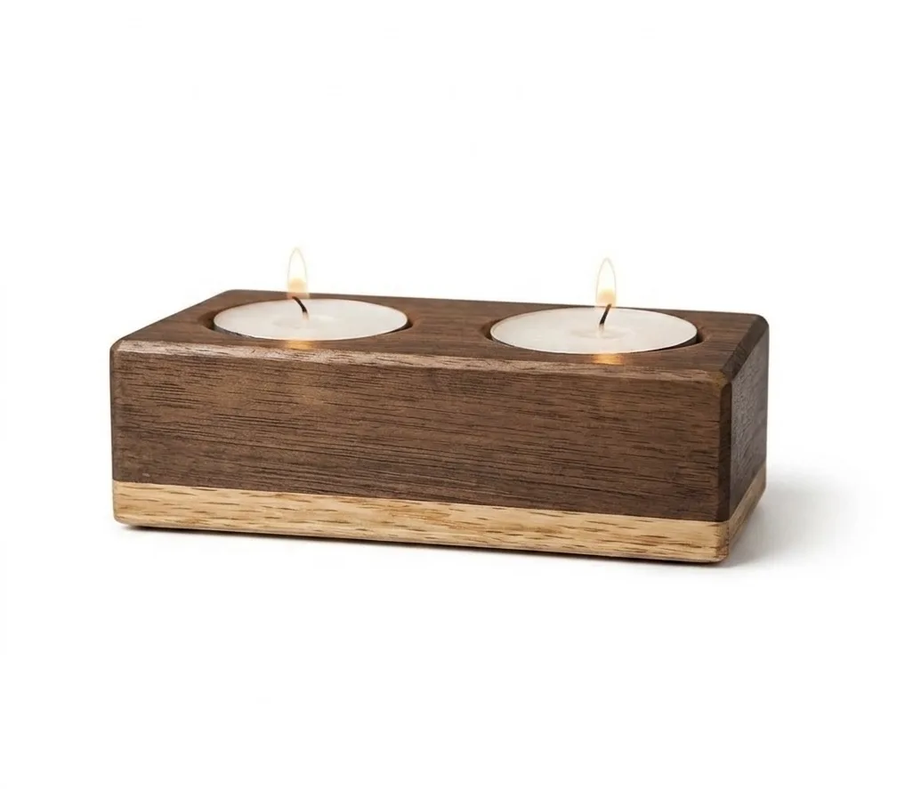 Modern Two-Tone Rectangular Wooden Dual Tealight Candle Holder