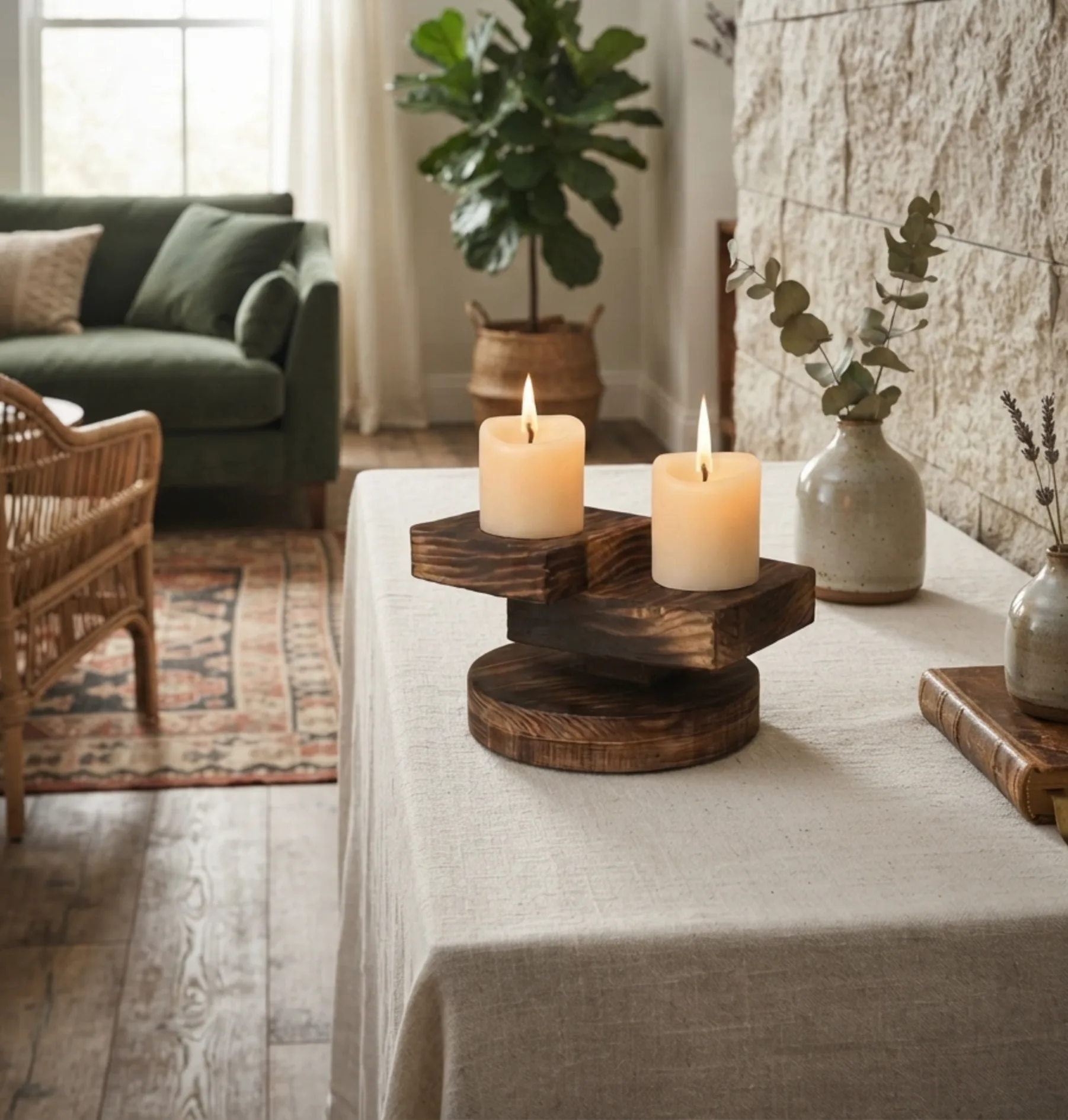Modern Geometric Tiered Dual Candle Holder with Circular Base