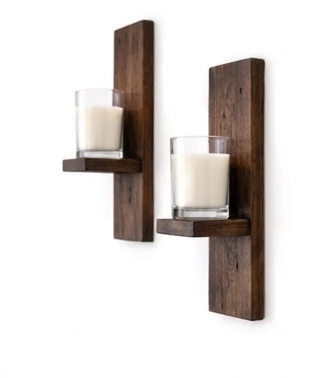 Modern Rustic Wall-Mounted Wooden Candle Holder Sconces (Set of 2)