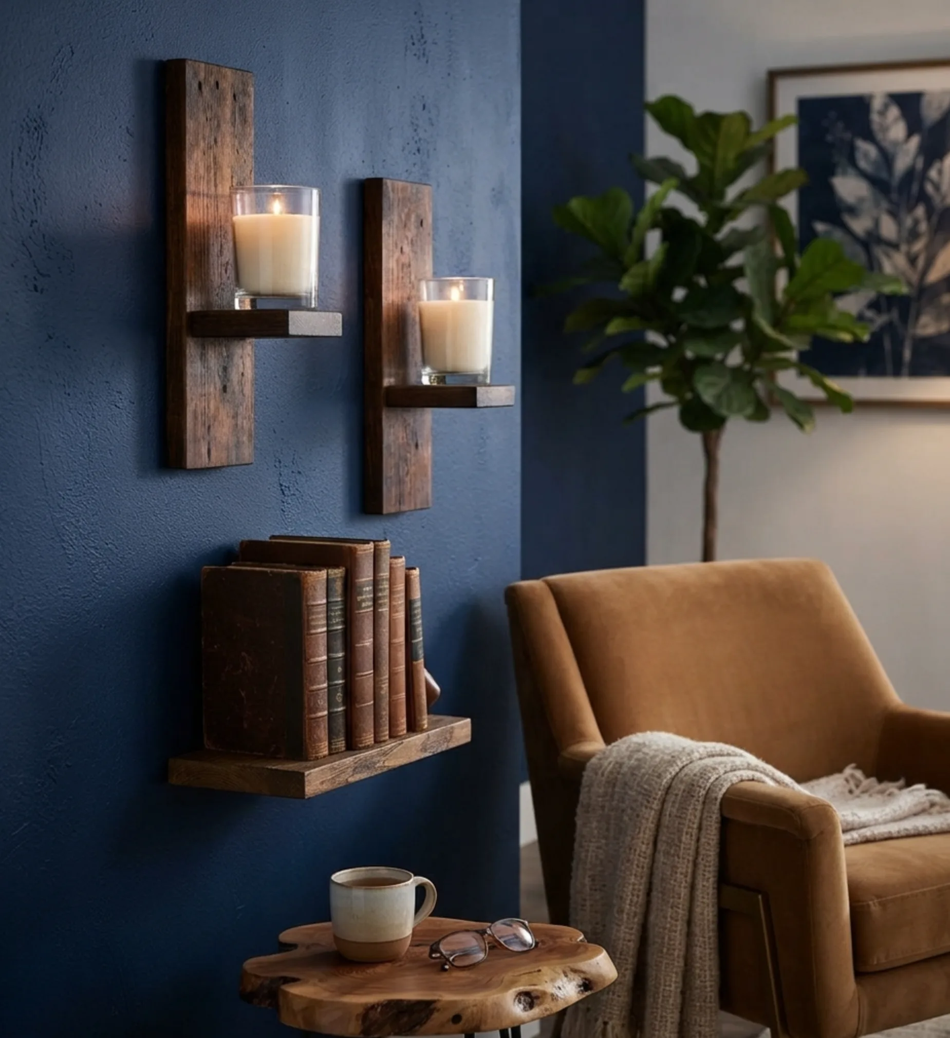 Modern Rustic Wall-Mounted Wooden Candle Holder Sconces (Set of 2)