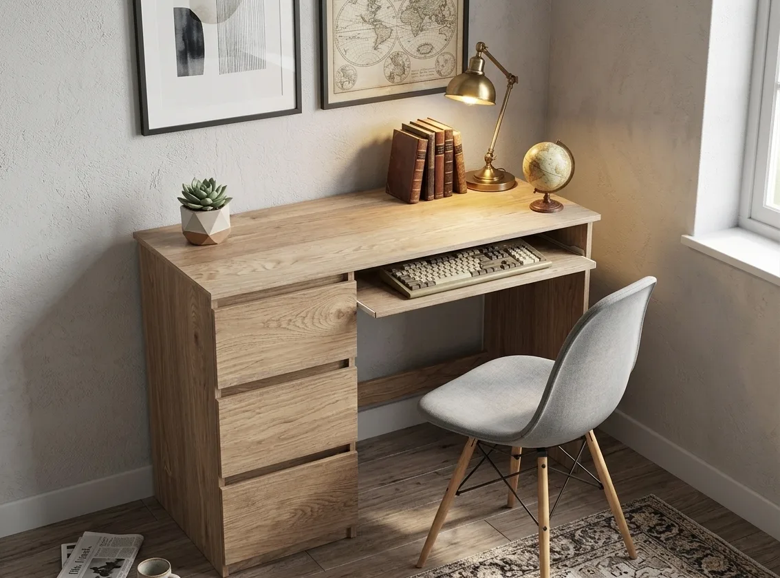 Modern Scandinavian Wooden Executive Study Desk with 3 Drawers & Pull-Out Keyboard Tray