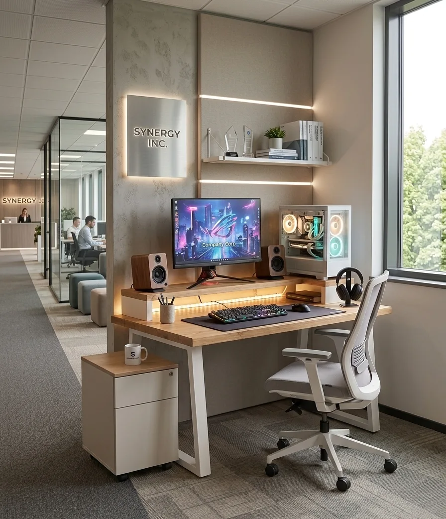 Modern Minimalist Office Desk with Integrated Monitor Riser & LED Ambient Lighting