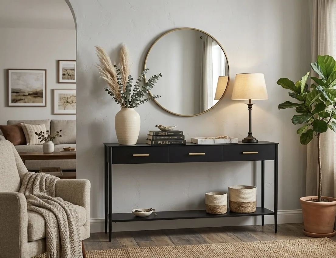 Contemporary Matte Black 3-Drawer Console Table with Lower Shelf
