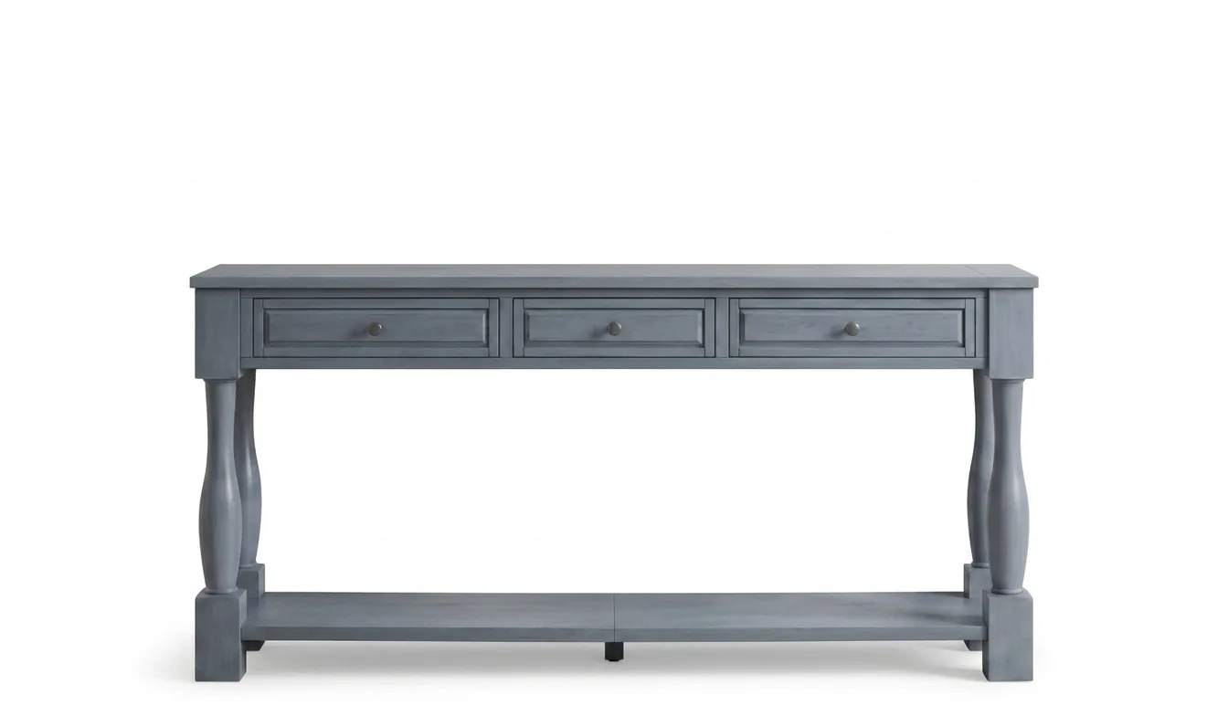 Classic French Country Slate Blue 3-Drawer Console Table with Turned Baluster Legs & Bottom Shelf