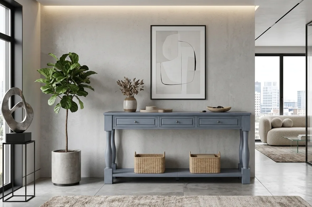 Classic French Country Slate Blue 3-Drawer Console Table with Turned Baluster Legs & Bottom Shelf