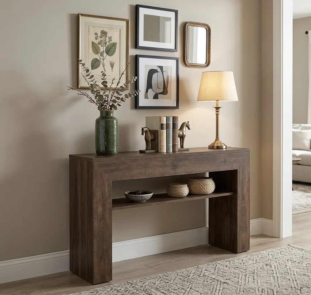 Minimalist Architectural Waterfall Console Table with Open Staging Shelf