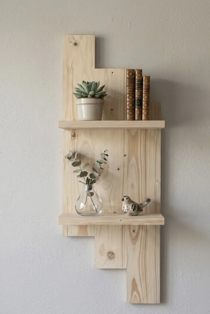 Minimalist Stepped Backboard Natural Pine 2-Tier Floating Wall Shelf