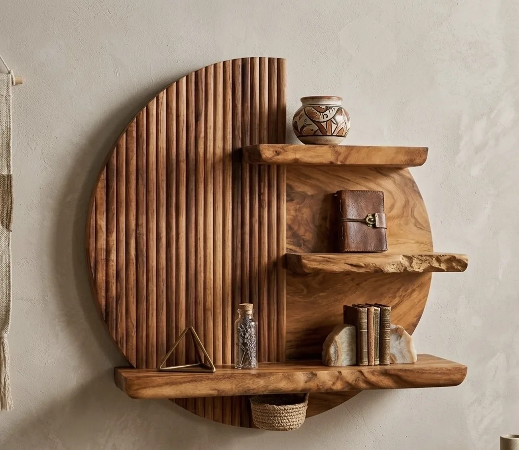 Sculptural Circular Dual-Texture Fluted Wood Wall Art Panel with Integrated Display Ledges
