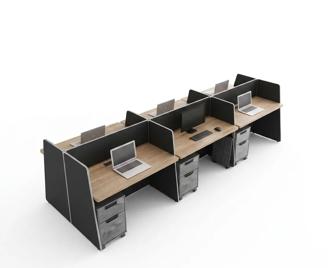 Modular 6-Person Back-to-Back Office Workstation Cluster with Acoustic Split Boards & Individual Mobile Storage Pedestals