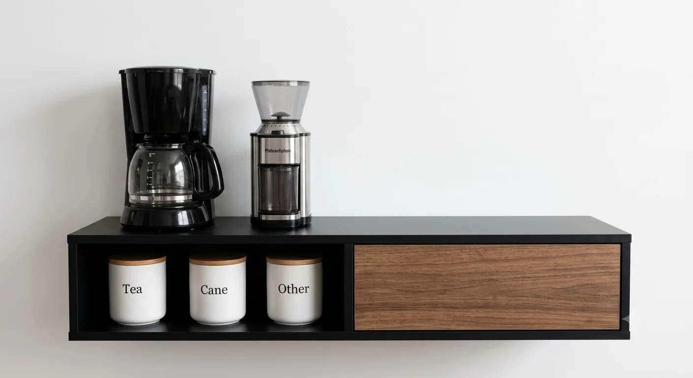 Modern Wall-Mounted Floating Coffee Corner Console with Open Cubby & Natural Oak Drawer