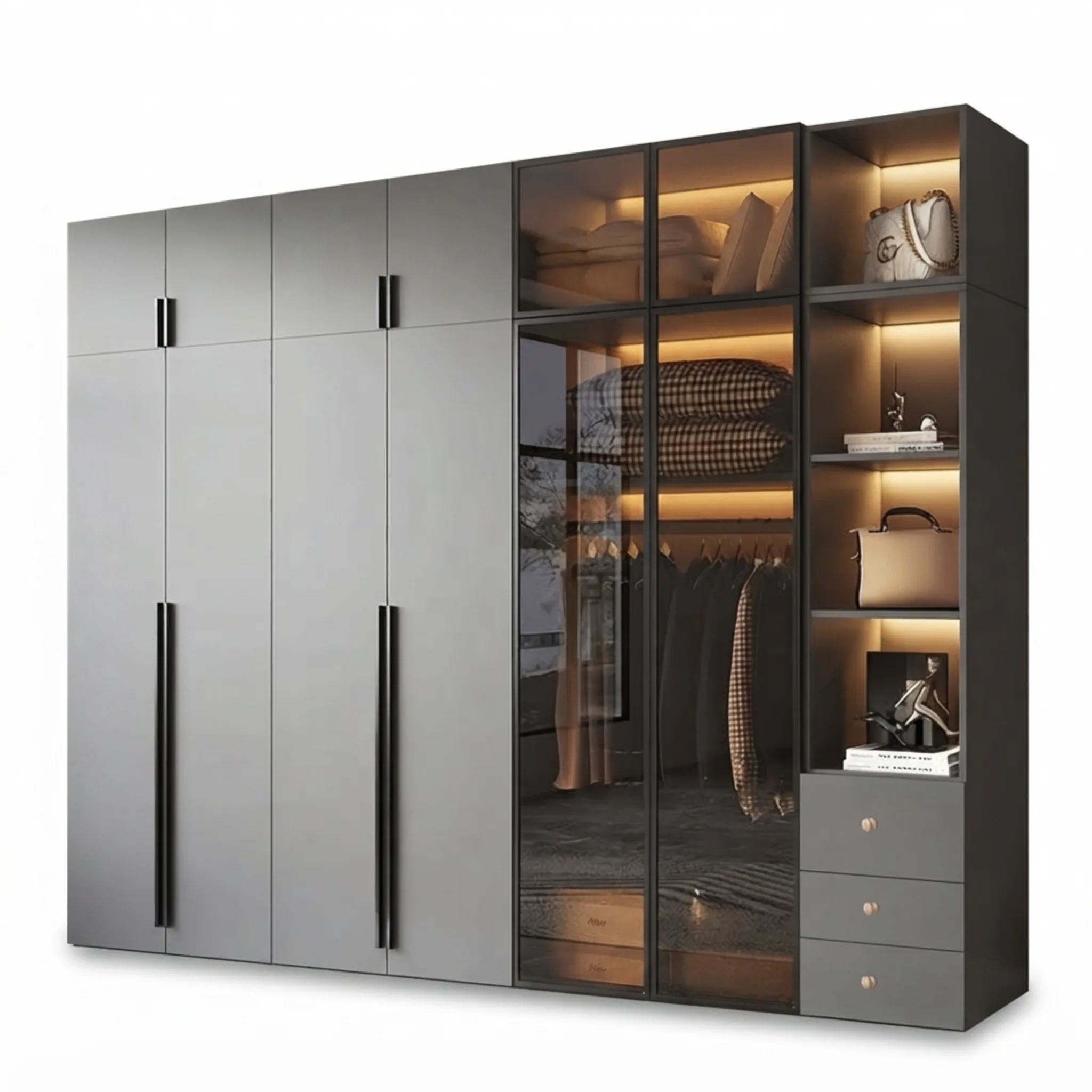 Noir Half-Display Wardrobe (Glass and Wood Doors)