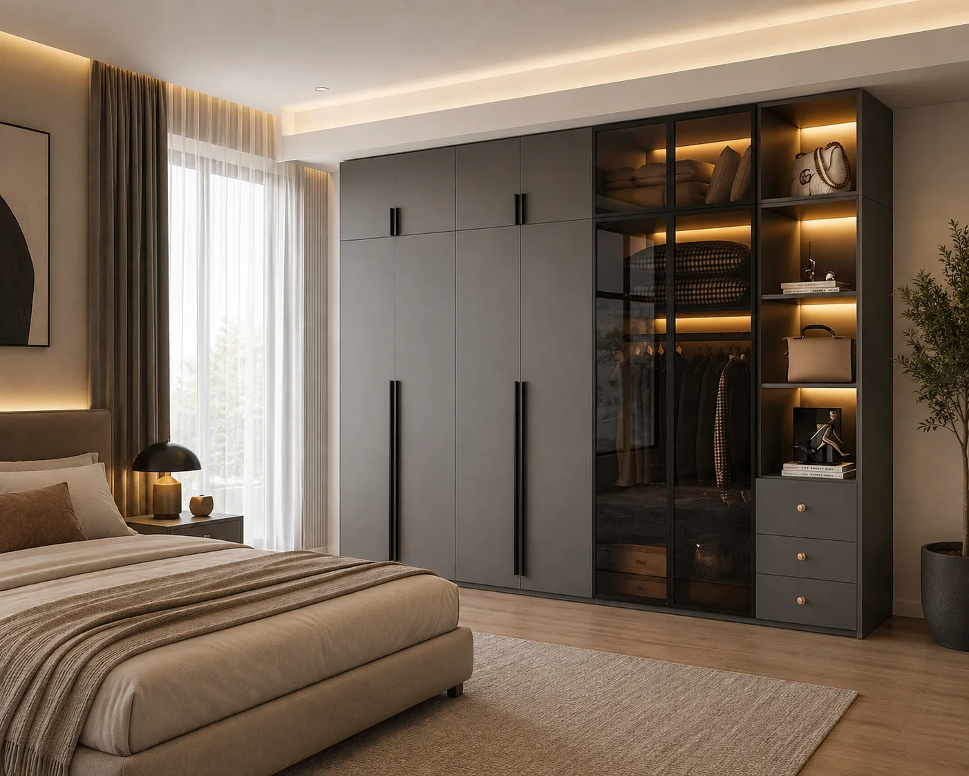 Noir Half-Display Wardrobe (Glass and Wood Doors)