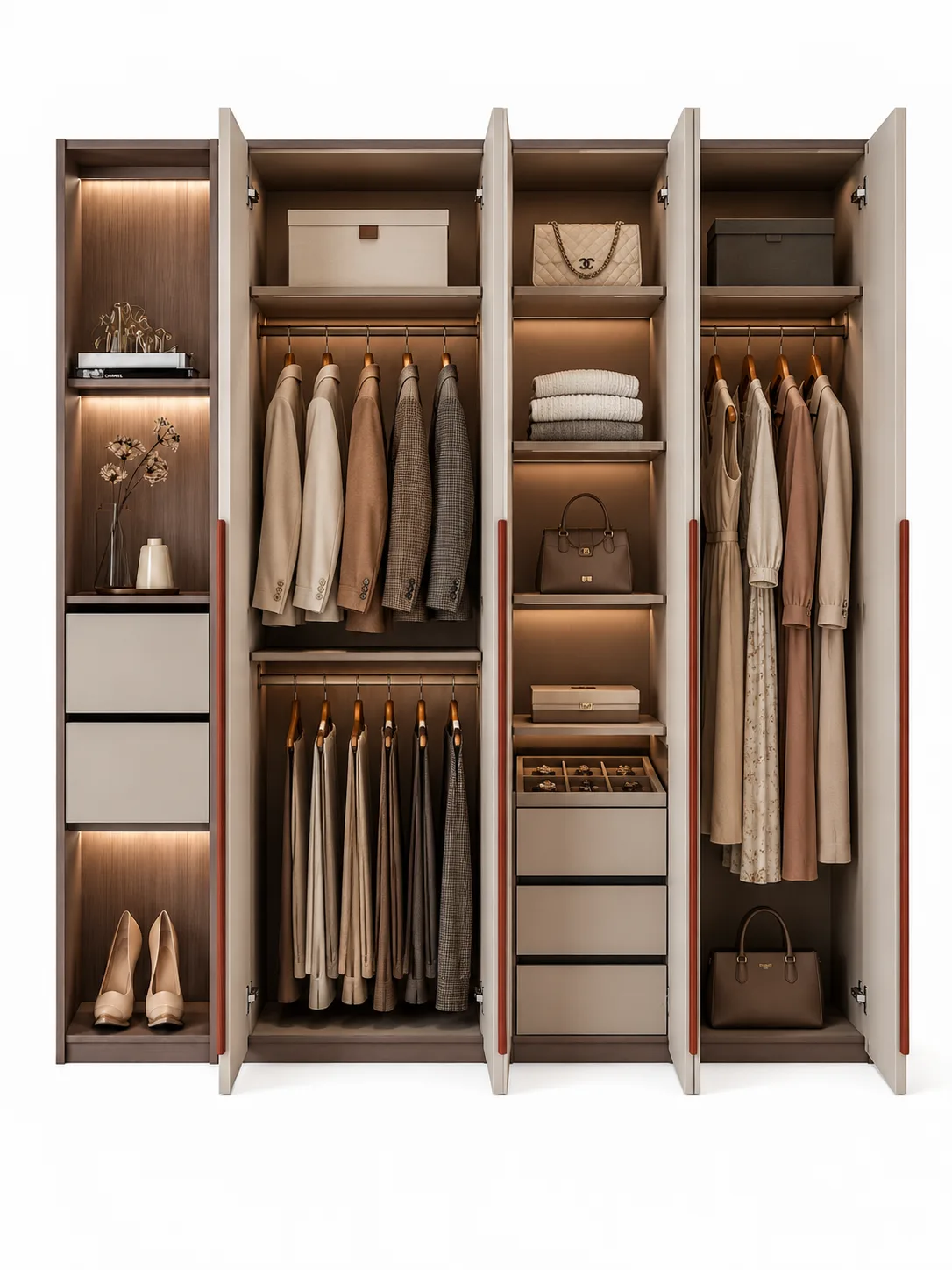 Luna Wardrobe | 4-Door Luxury Wardrobe with Display Shelving