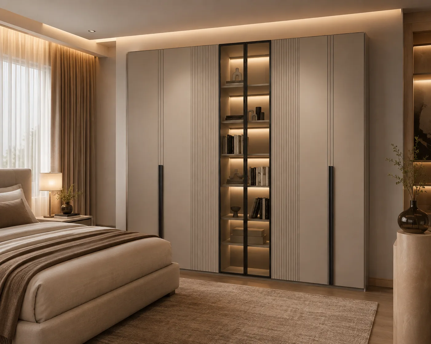 Luna Display Wardrobe | Fluted Luxury Wardrobe with Glass Display Cabinet