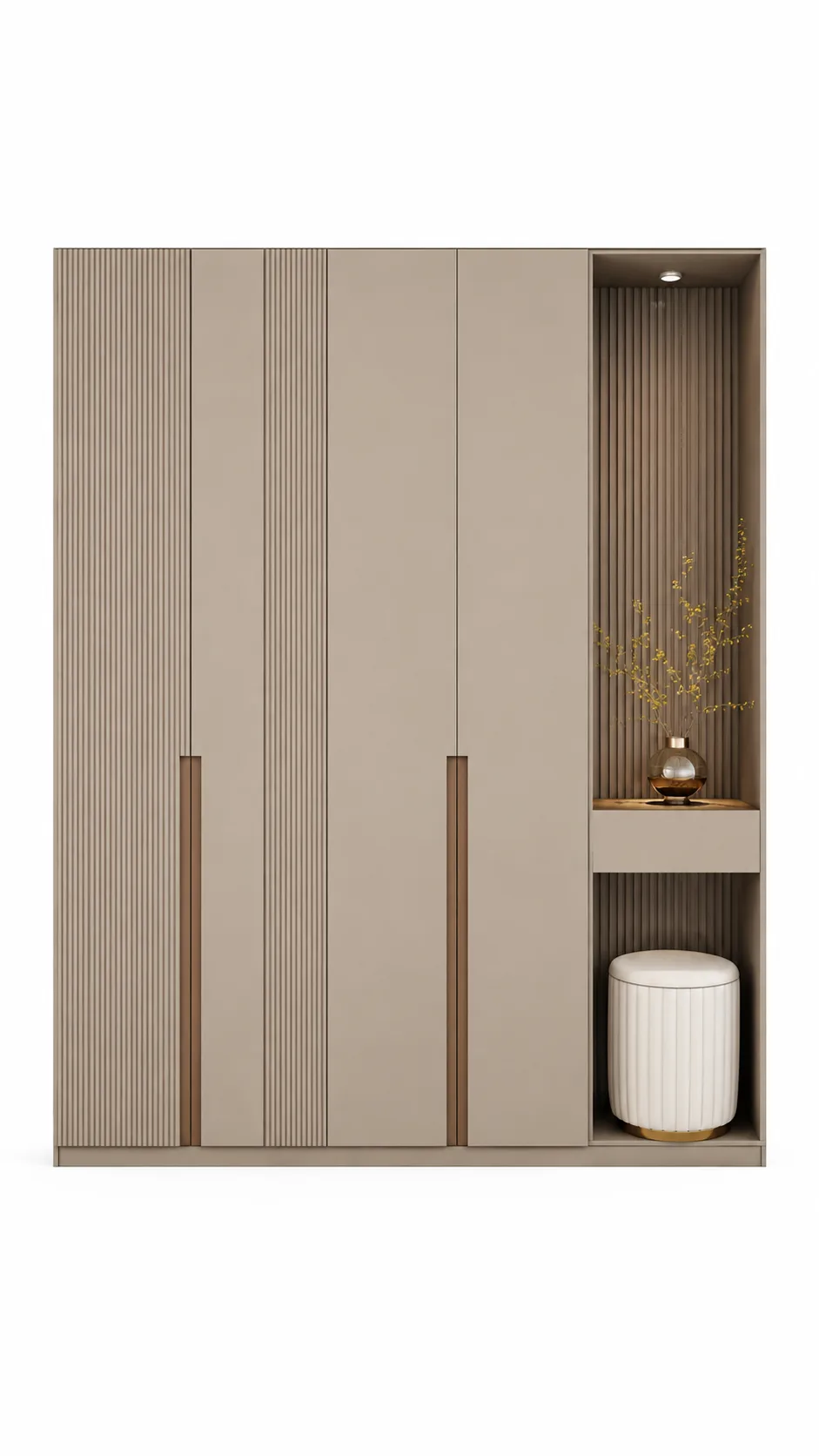 Verona Fluted Wardrobe | Luxury Wardrobe with Vanity Niche & Upholstered Puff