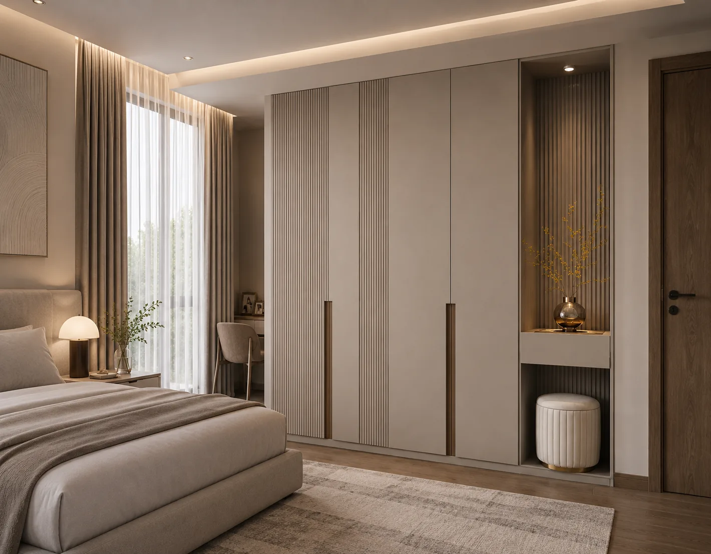 Verona Fluted Wardrobe | Luxury Wardrobe with Vanity Niche & Upholstered Puff