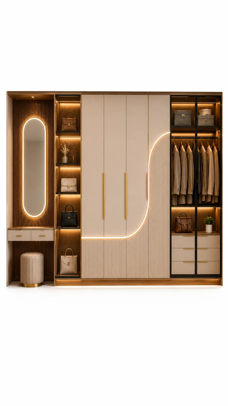 Prestige Dressing Wardrobe | Luxury Wardrobe with Vanity, Display Storage & Ottoman