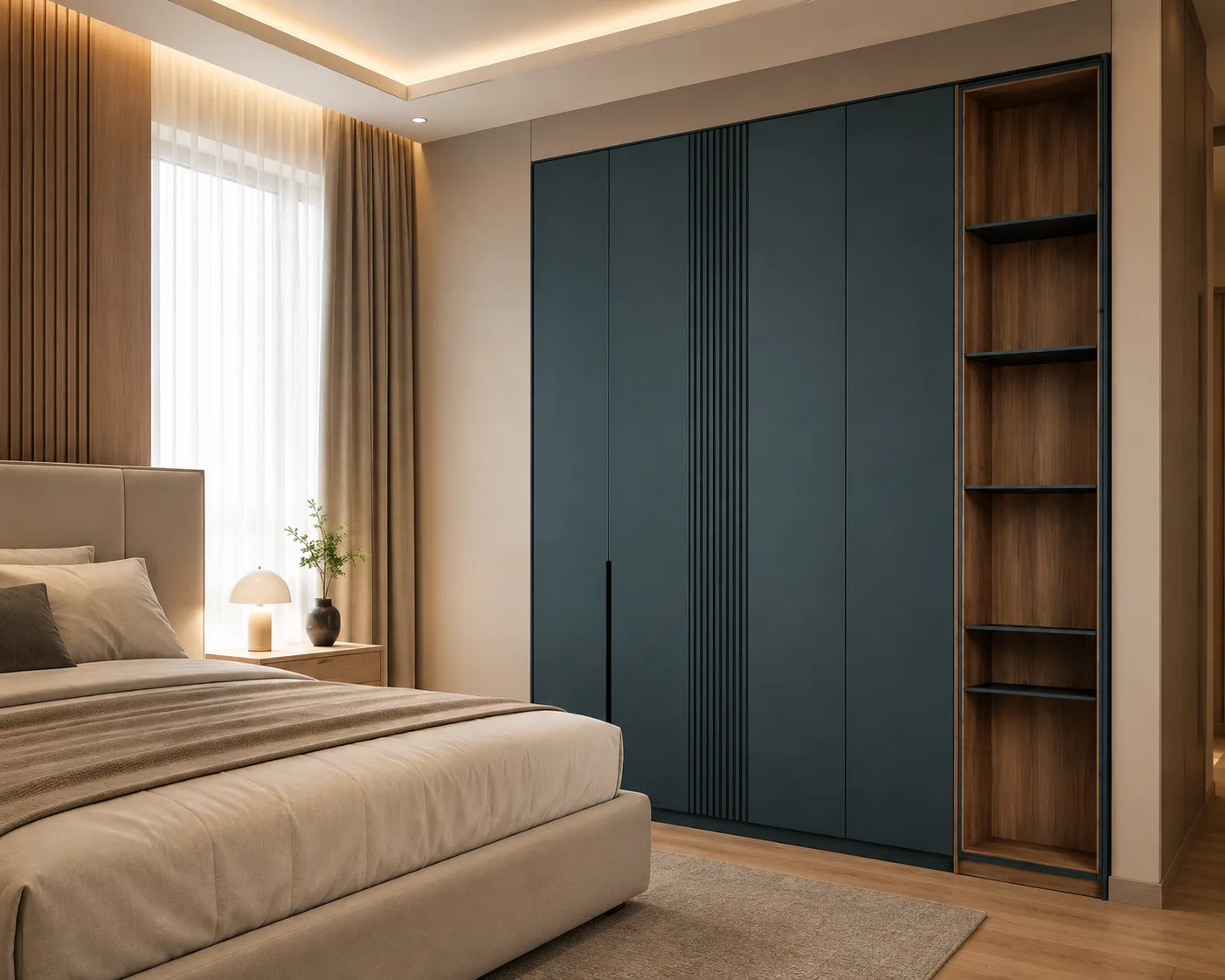 Nova Fluted Wardrobe | Modern 4-Door Wardrobe with Open Display Shelving