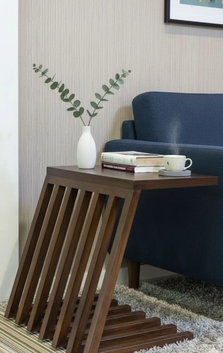 The Kinetic Z-Table – Angled Slatted Wooden Sofa Side Table