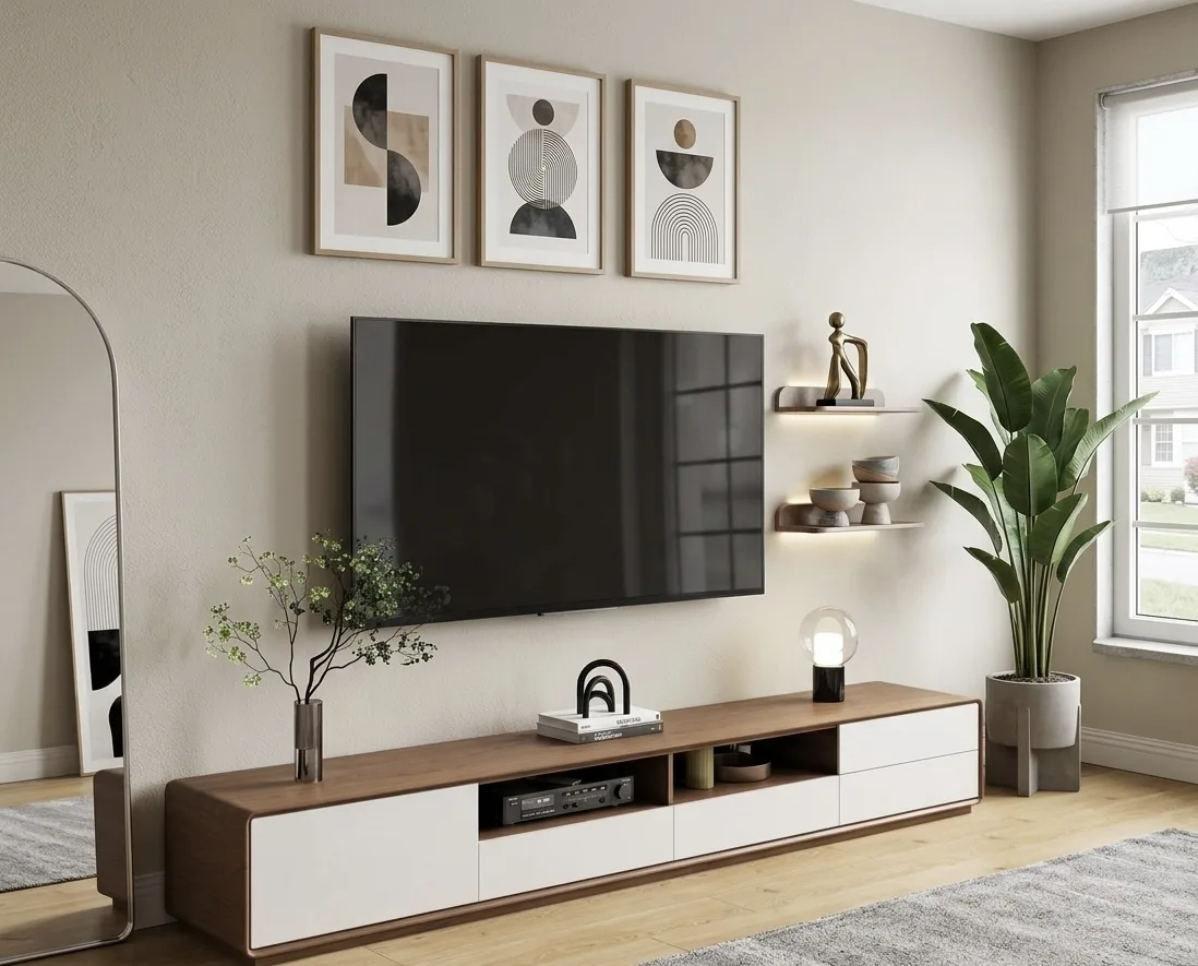The Linear Block Floating Media Console & Shelving Set